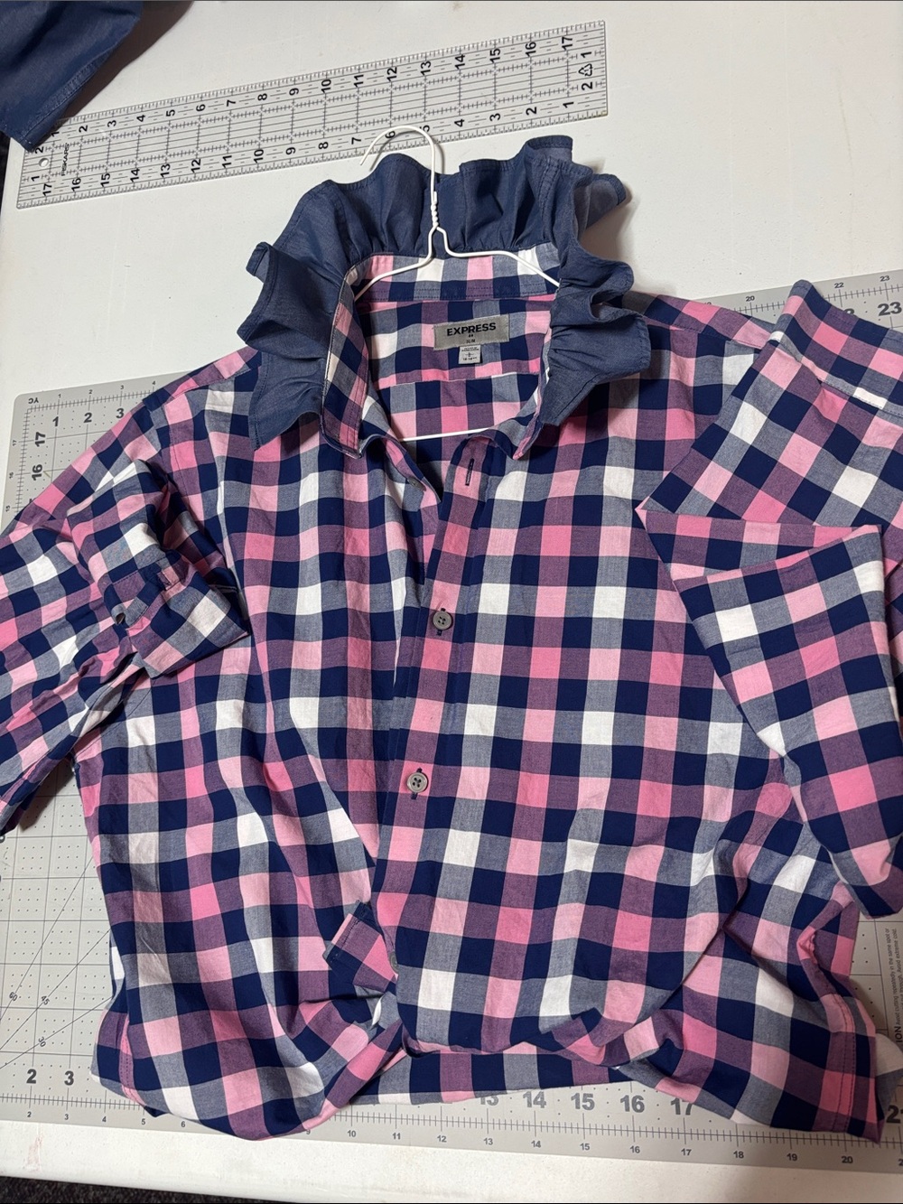 Upcycled/Reloved Express Pink Navy White Gingham Ruffle-Collar Button-Up